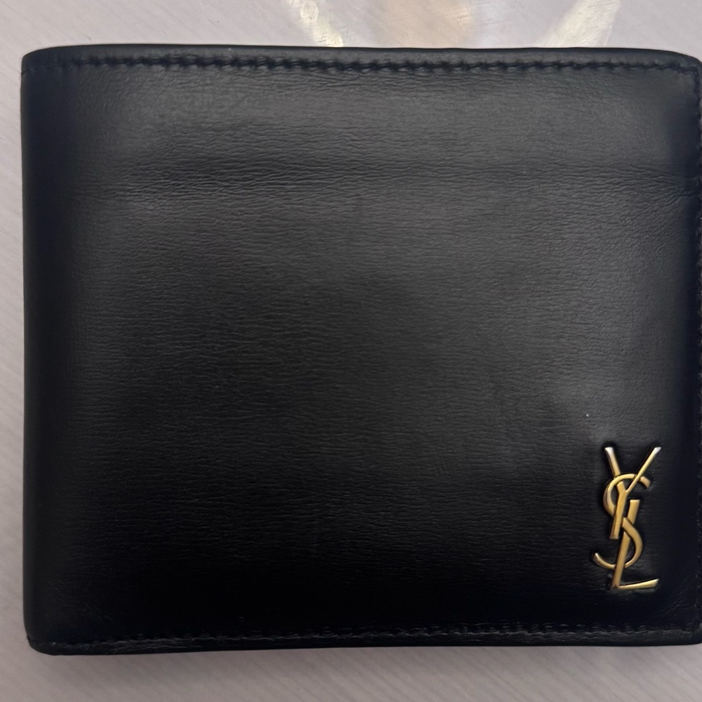 Yves Saint Laurent Black Leather wallet with Gold Logo with box and dust bag